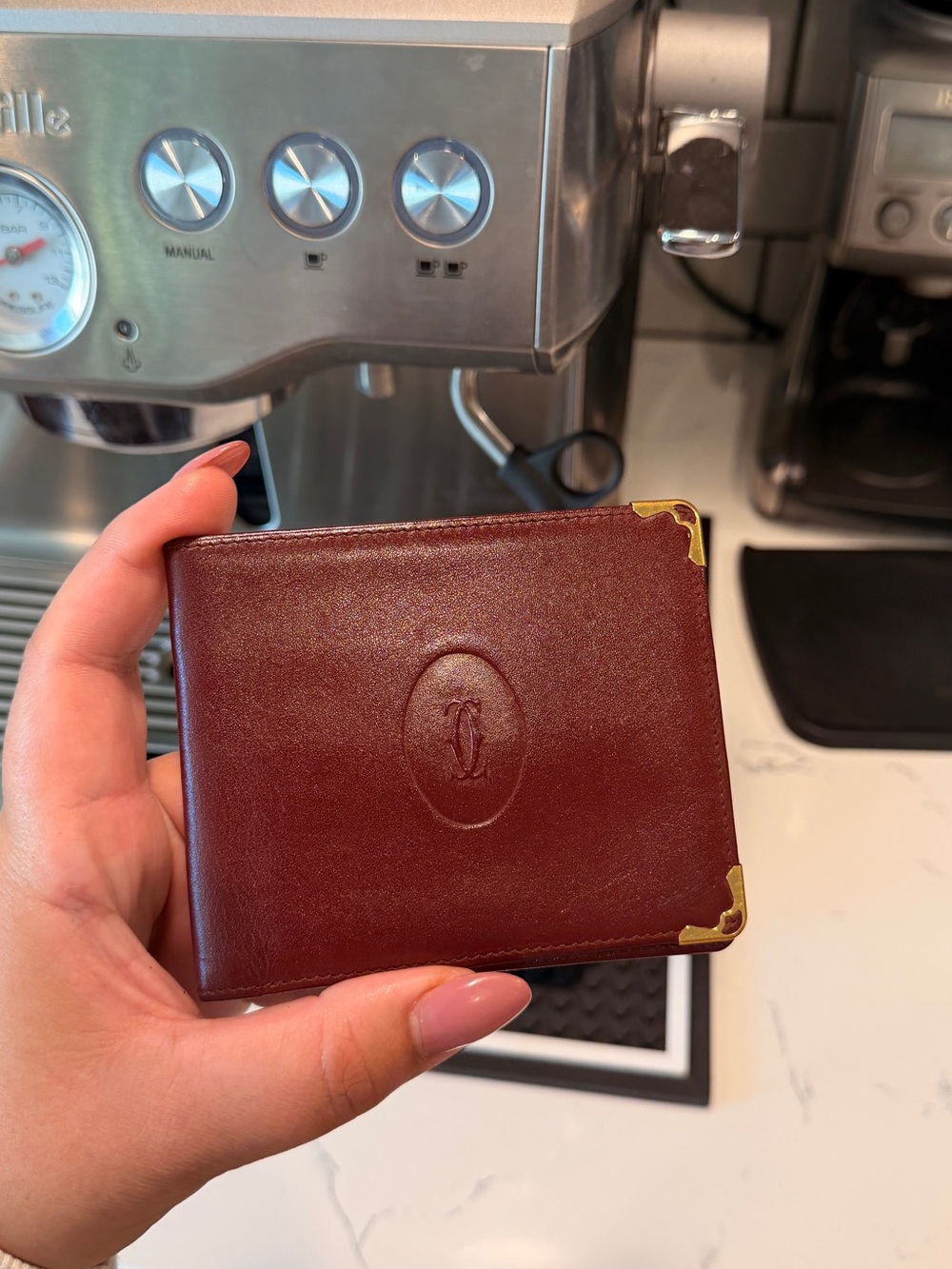 Cartier Bifold Wallet in Bordeaux Red Leather with Gold-tone Corner Accents